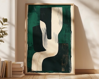May include: Abstract art print featuring a white and green design. The print showcases a large white shape against a green background. The white shape is composed of several smaller shapes arranged in a geometric pattern.