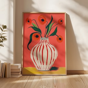Florero rojo arte imprimible, arte de pared a rayas naranja abstracto botánico digital descargar ilustración floral cartel botánico arte abstracto