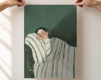 Emerald Green Sleeping Woman Art Print, Cozy Striped Blanket Painting, Calm Bedroom Wall Art, Unframed Matte Poster