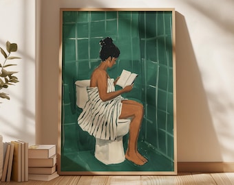 May include: A painting of a person sitting on a toilet in a green tiled bathroom, reading a book. The person is wearing a striped towel and has dark hair.