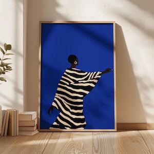 Lámina artística Mujer Azul Eléctrico: Rayas Cobalto Abstractas (Descarga digital)