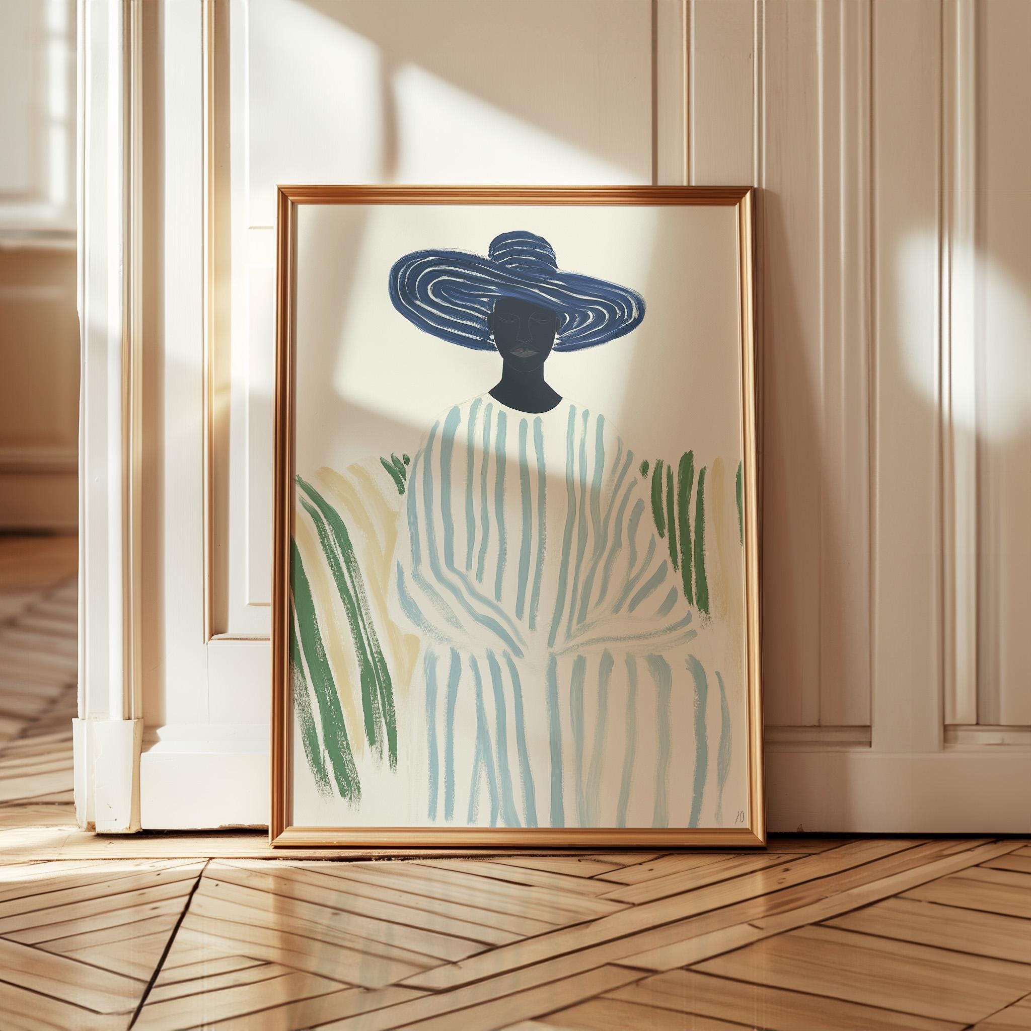 抽象的な女性のポートレートプリント：ボヘミアンストライプドレス