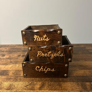 Set of 3 Vintage Rustic Stacking Wood Snack Boxes Bins - Chips / Pretzels / Nuts