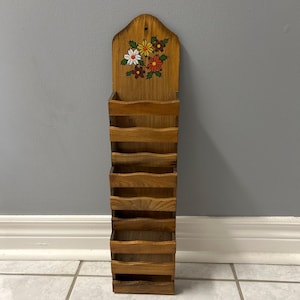 Vintage MCM Wood Floral Detail Letters/Bills/Organizer Wall-Mounted Holder Made in Japan