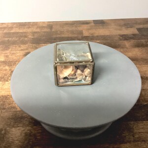 Vintage Metal and Bevelled Glass Hinged Trinket Curio Box with Seashells