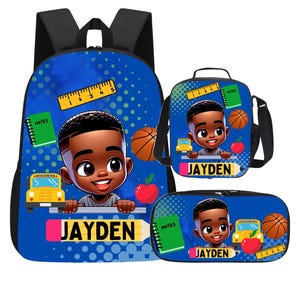 Custom School Supply Bundle – Personalized Backpack, Lunch Bag, And Pencil Case, Black Boy Backpack, Back To School Backpack Bundle