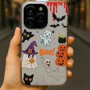 Cute Halloween Phone Case Clear Spooky Ghost Pumpkin Cat iPhone 16 15 14 13 12 Pro Max Samsung S25, S24 Plus