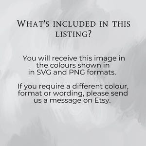 Puede incluir: Fondo blanco con texto: "WHAT'S INCLUDED IN THIS LISTING?" seguido de detalles sobre la recepci&oacute;n de la imagen en formatos SVG y PNG. Texto adicional: "Si necesita un color, formato o redacci&oacute;n diferente, env&iacute;enos un mensaje en Etsy."