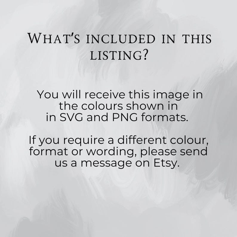 Puede incluir: Fondo blanco con texto: "WHAT'S INCLUDED IN THIS LISTING?" seguido de detalles sobre la recepci&oacute;n de la imagen en formatos SVG y PNG. Texto adicional: "Si necesita un color, formato o redacci&oacute;n diferente, env&iacute;enos un mensaje en Etsy."