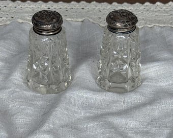 Vintage Cut Glass Salt and Pepper Shakers with Silver Tops