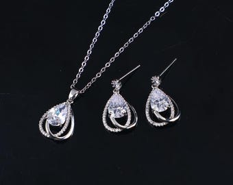 Zircon teardrop necklace earrings set, white gold plated