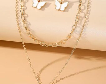 Gold with white butterfly pendant earring necklace set, gift for birthdays, holidays, bridesmaids