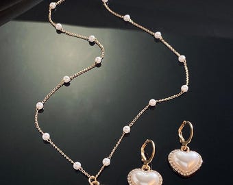 Vintage, pearl heart necklace earrings set, gift for holidays, bridesmaids