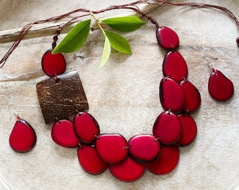 ¡Nuevo! Conjunto de joyería gruesa de dos hebras, grande y atrevido, rojo, collar llamativo, babero, joyería con cuentas para mujer, collar y aretes, boda de verano.