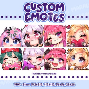May include: An image promoting custom emotes, featuring anime-style characters with diverse expressions. The emotes use a palette of pink, purple, and blonde hair. Text includes "CUSTOM EMOTES" and "twitch.tv/maralade". The image also lists PNG sizes.