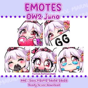 Puede incluir: Cinco emotes digitales que muestran un personaje de dibujos animados con cabello blanco y ojos rosados. Los emotes muestran varias expresiones, incluyendo sostener un corazón, llorar y un letrero de 'GG'. El texto incluye 'EMOTES', 'OW2 Juno' y 'twitch.tv/maralade'.