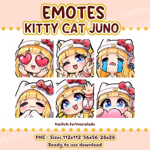 May include: Six digital emotes showcasing a cartoon character with blonde hair and blue eyes, wearing a kitty cat hat. The emotes depict different emotions, such as hearts for eyes, a peace sign, and tears. Text includes "EMOTES KITTY CAT JUNO".