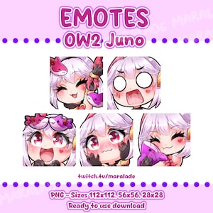 Juno Overwatch Emote Pack 5x - Wave, Shock, WOW, Blush, Hug, Chibi Emoji PNG Stickers for streaming and discord