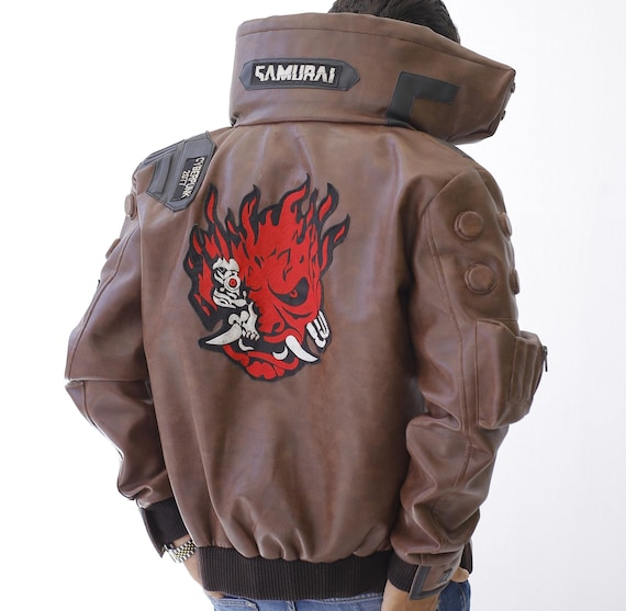 VR × CYBERPUNK LEATHER BOMBER JACKET Cyberpunk 2077 Jacket | Samurai V Biker Leather Jacket