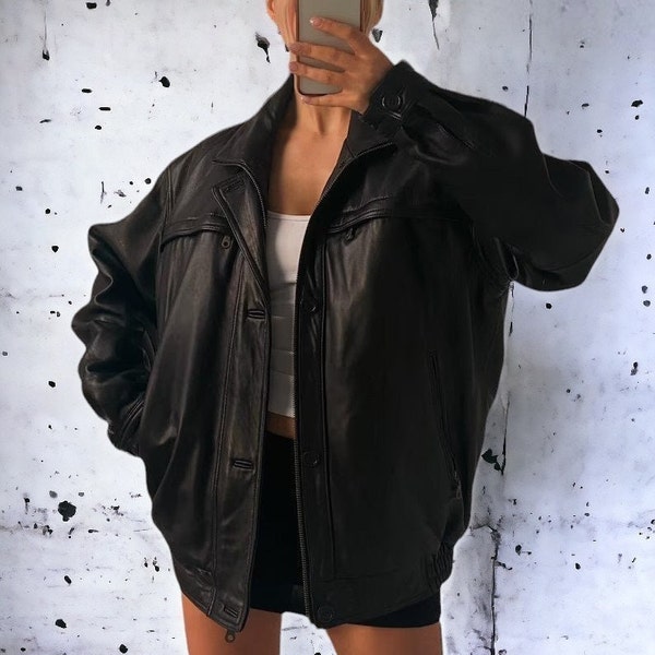 Classic Women's Oversized biker jacket, Bomber Jacket, Genuine Black Leather, Luxuriously Soft, Wear and Timeless Style Perfect Gift for Her