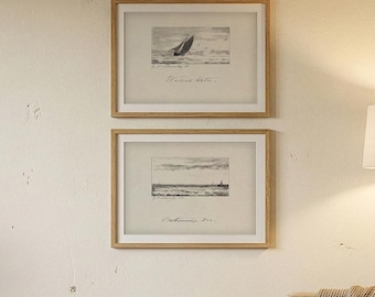 Set of 2 Vintage Nautical Prints, Sailboat Ocean Sketch, Antique Seascape Art (Unframed)