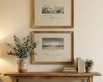 Set of 2 Vintage Landscape Prints, Mountain and Sea Sketch, Antique Nature Art (Unframed)
