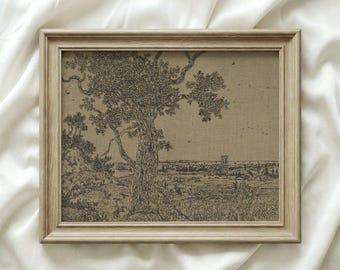 Vintage Oak Tree Etching Print, Rustic Landscape Art (Digital Download)
