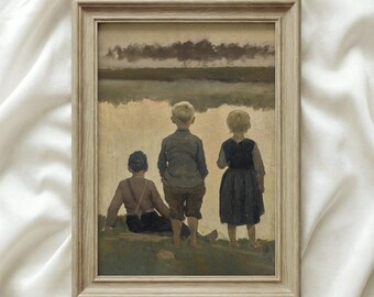 Vintage Children Oil Painting Art Print: Nostalgic Lake Scene (Digital Download)