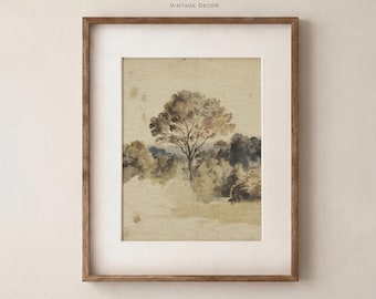 Vintage Tree Watercolor, Antique Landscape Print, Rustic Decor (Unframed)
