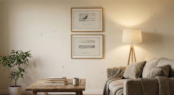Set of 2 Vintage Nautical Prints, Sailboat Ocean Sketch, Antique Seascape Art (Unframed)
