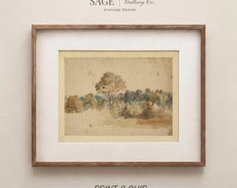 Vintage Landscape Art, Antique Watercolor Print, Rustic Decor (Unframed)
