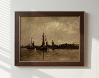 Moody Sailboat Art, Vintage Windmill, Sepia Seascape Print (Unframed)
