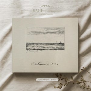 May include: A framed monochrome print depicting a seascape with sailboats and waves. The print features the text "Sage Gallery Co. Vintage Decor" and "Unframed - Print". The artwork is signed and titled with handwritten text.