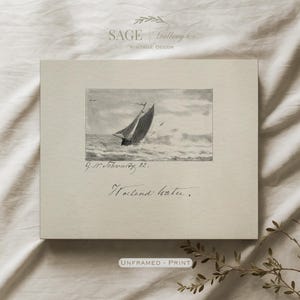 May include: An unframed print showing a monochrome nautical scene. The artwork portrays a sailboat on rough seas beneath a cloudy sky. The print includes the text "Hallend hatu" and the artist's signature.