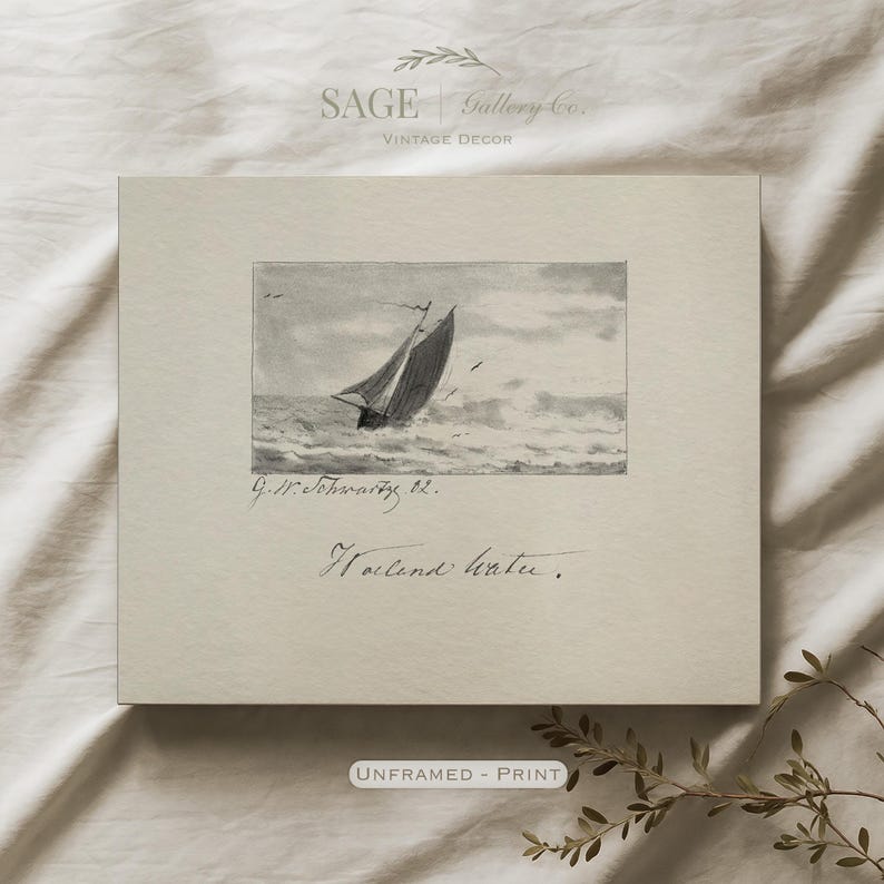 May include: An unframed print showing a monochrome nautical scene. The artwork portrays a sailboat on rough seas beneath a cloudy sky. The print includes the text "Hallend hatu" and the artist's signature.