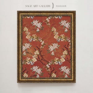 Tapeçaria vintage, estampa floral vermelha, decoração em estilo Chinoiserie.