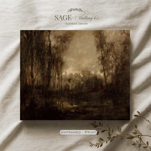 May include: A rectangular wall art print featuring a dark, moody landscape painting of a forest and a body of water in sepia and brown tones. The text SAGE Gallery Co. VINTAGE DECOR and UNFRAMED - PRINT is visible on the image.