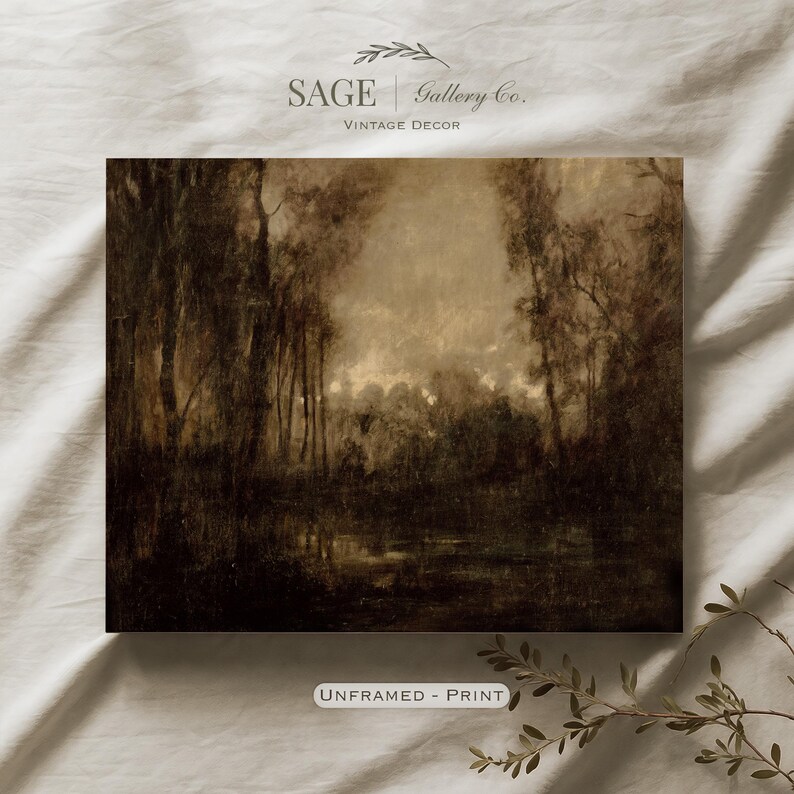 May include: A rectangular wall art print featuring a dark, moody landscape painting of a forest and a body of water in sepia and brown tones. The text SAGE Gallery Co. VINTAGE DECOR and UNFRAMED - PRINT is visible on the image.