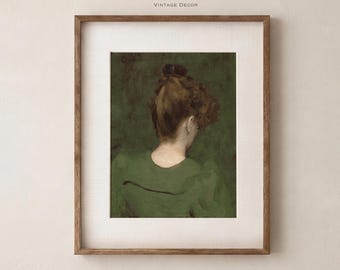 Retrato de mujer vintage, cuadro de pared verde oscuro, lámina femenina con estilo melancólico (sin marco)