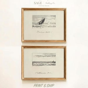 Lot de 2 gravures nautiques vintage, croquis de l'océan voilier, art ancien de paysage marin (sans cadre)