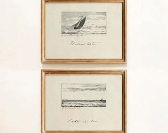 Juego de 2 láminas náuticas vintage, boceto de velero en el océano, arte marino antiguo (sin marco)