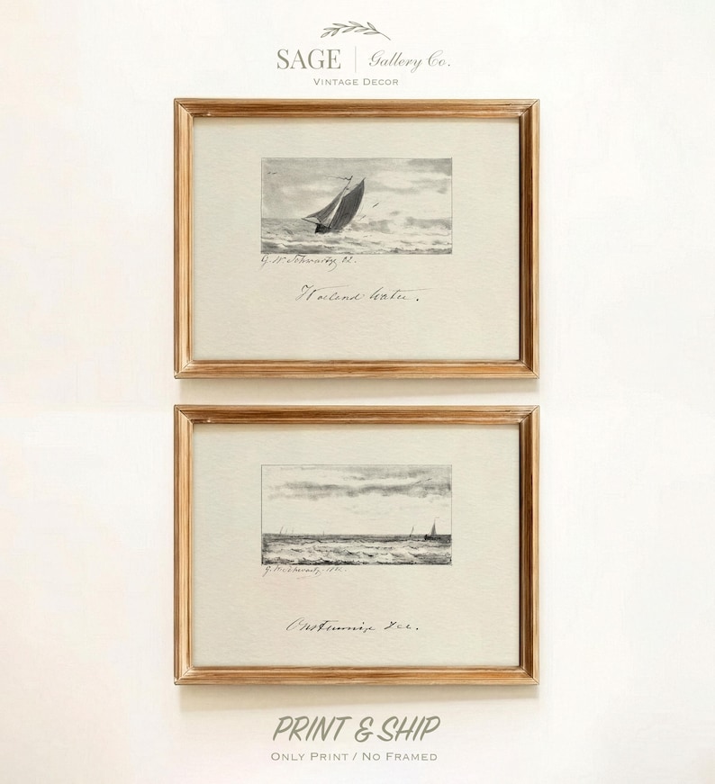 May include: Two framed vintage nautical prints. The top print shows a sailboat on choppy water, with the text "Hoctand hatu." The bottom print depicts a seascape with sailboats and the text "Ostuni Yee."
