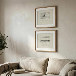 May include: Two framed monochrome landscape prints in wooden frames are displayed above a beige sofa. The prints depict sketches of a sailboat and a coastal scene. A potted olive tree is on the left.