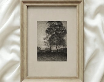 Vintage Tree Etching Print, Antique Landscape Art (Digital Download)