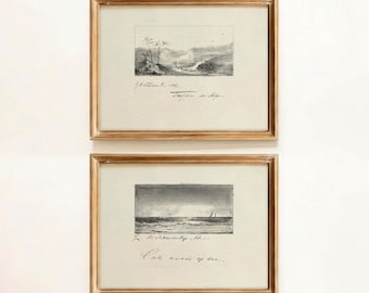 Set of 2 Vintage Landscape Prints, Mountain and Sea Sketch, Antique Nature Art (Unframed)
