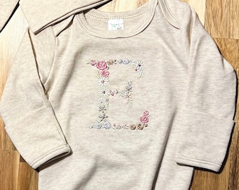 Embroidered Baby Girl Gown, Initial Embroidery, Newborn Baby Gown, Knotted Baby Girl Gown, Personalized Gown for Baby
