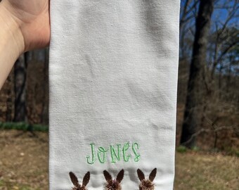 Easter Tea Towel, Fringe Bunnies, Personalizable