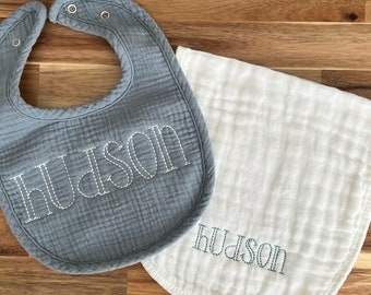 Personalized Baby Bib and Burp Cloth Set, Baby Shower Gift, Baby Boy Monogrammed Bib, Baby Girl Monogrammed Bib