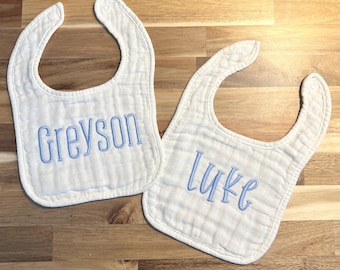 Personalized Baby Bib, Baby Shower Gift, Muslin Cotton Bib, Baby Boy Monogrammed Bib, Baby Girl Monogrammed Bib, Embroidered Baby Bib