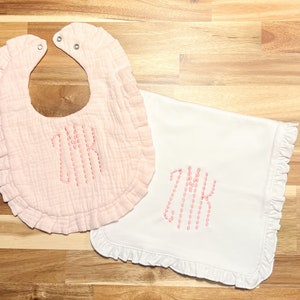 Personalized Baby Girl Bib and Burp Cloth Set, Baby Shower Gift, Baby Girl Monogrammed Bib, Ruffle Bib image 2